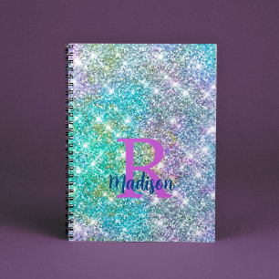 Cute iridescent unicorn blue faux glitter monogram notebook