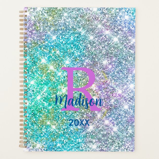 Cute iridescent unicorn blue faux glitter monogram planner (Front)