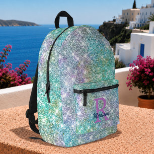 Cute iridescent unicorn blue faux glitter monogram printed backpack