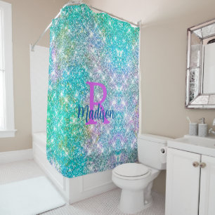 Cute iridescent unicorn blue faux glitter monogram shower curtain