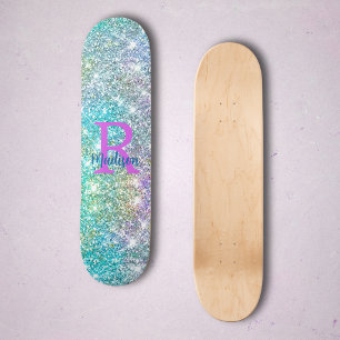 Cute iridescent unicorn blue faux glitter monogram skateboard