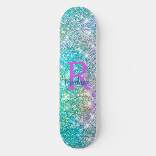 Cute iridescent unicorn blue faux glitter monogram skateboard