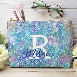 Cute iridescent unicorn blue pink glitter monogram accessory pouch