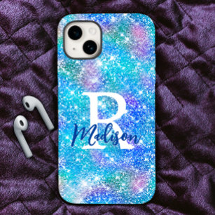 Cute iridescent unicorn blue pink glitter monogram Case-Mate iPhone 14 case