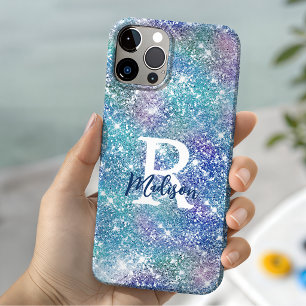 Cute iridescent unicorn blue pink glitter monogram iPhone 15 case