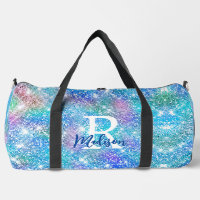 Cute iridescent unicorn blue pink glitter monogram