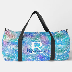 Cute iridescent unicorn blue pink glitter monogram duffle bag