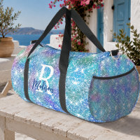 Cute iridescent unicorn blue pink glitter monogram