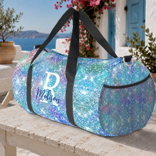 Cute iridescent unicorn blue pink glitter monogram duffle bag