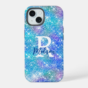 Cute iridescent unicorn blue pink glitter monogram iPhone 15 case