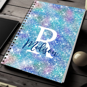 Cute iridescent unicorn blue pink glitter monogram notebook