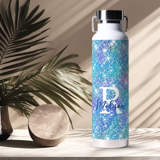 Cute iridescent unicorn blue pink glitter monogram water bottle (Creator Uploaded)