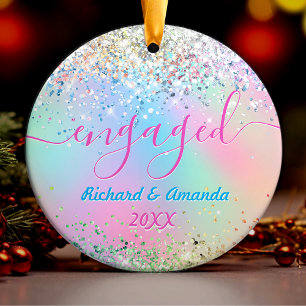 Cute iridescent unicorn glitter Christmas engaged Ceramic Tree Decoration