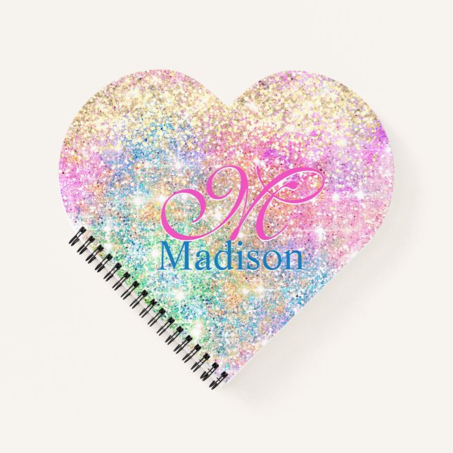 Cute iridescent unicorn gold glitter monogram notebook (Front)