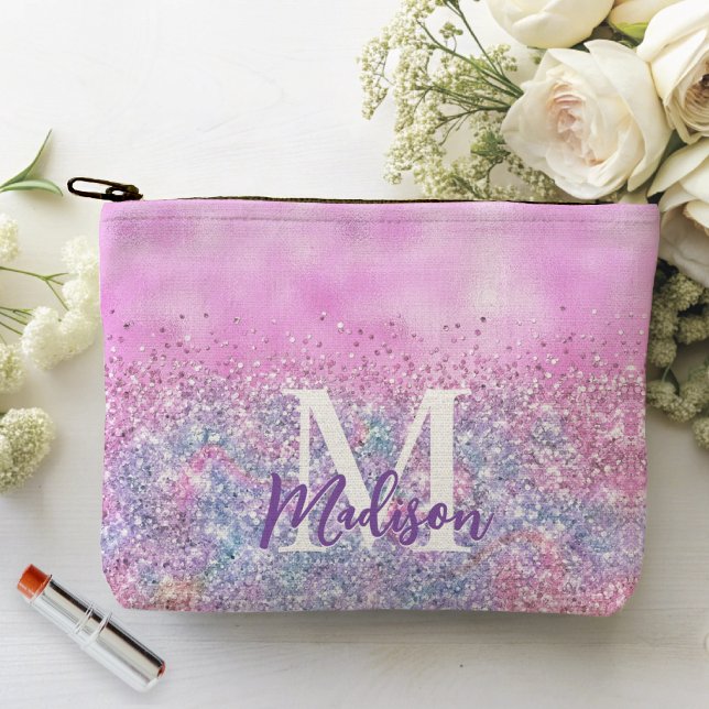 Cute iridescent unicorn ombre glitter monogram accessory pouch (Creator Uploaded)