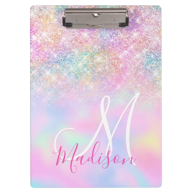 Cute iridescent unicorn ombre glitter monogram clipboard (Front)