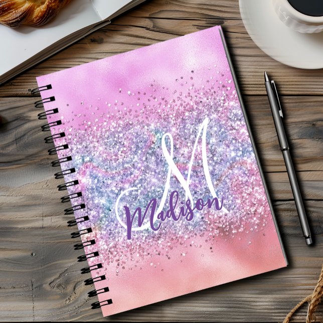 Cute iridescent unicorn ombre glitter monogram notebook (Creator Uploaded)