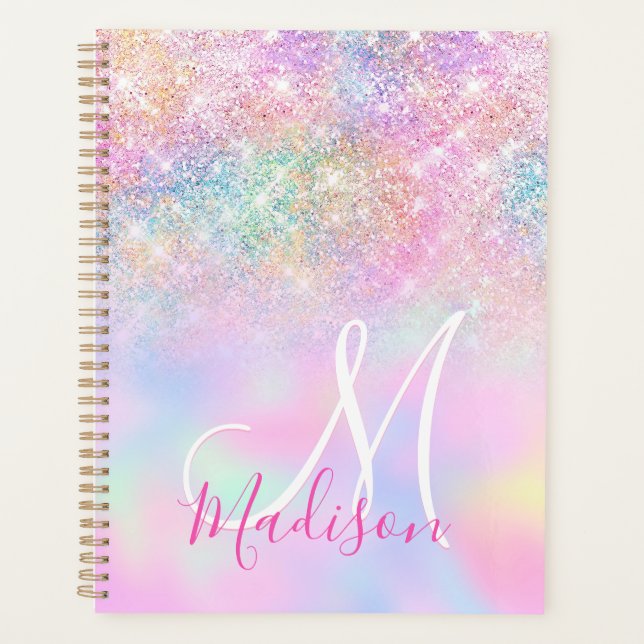 Cute iridescent unicorn ombre glitter monogram planner (Front)