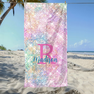Cute iridescent unicorn pink faux glitter monogram beach towel