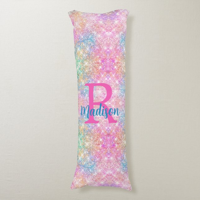 Cute iridescent unicorn pink faux glitter monogram body cushion (Front Vertical)
