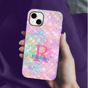 Cute iridescent unicorn pink faux glitter monogram Case-Mate iPhone 14 case