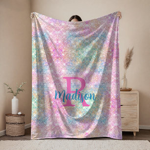 Cute iridescent unicorn pink faux glitter monogram fleece blanket