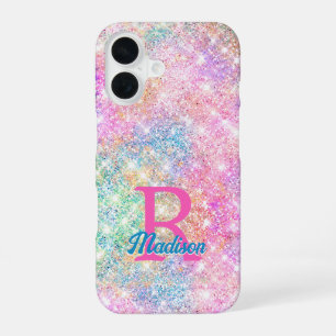Cute iridescent unicorn pink faux glitter monogram iPhone 16 case