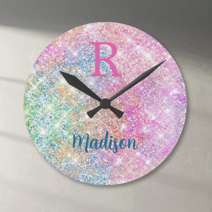 Cute iridescent unicorn pink faux glitter monogram round clock