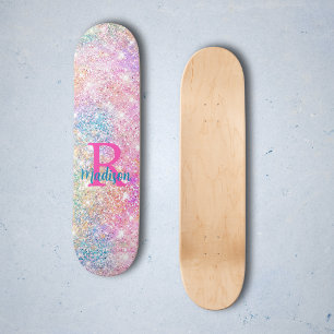 Cute iridescent unicorn pink faux glitter monogram skateboard