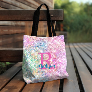 Cute iridescent unicorn pink faux glitter monogram tote bag
