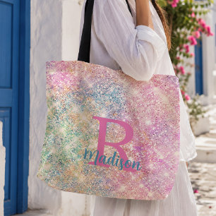 Cute iridescent unicorn pink faux glitter monogram tote bag
