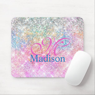 Cute iridescent unicorn pink glitter monogram mouse pad