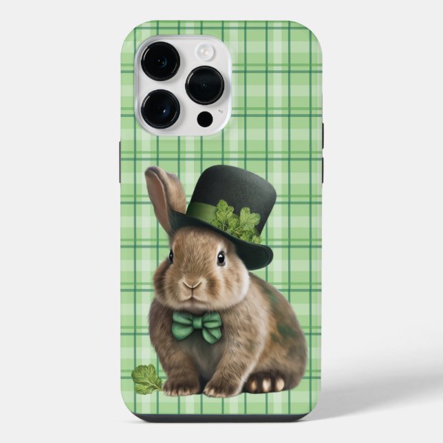CUTE IRISH BUNNY RABBIT WITH GREEN PLAID PATTERN iPhone CASE (Back)