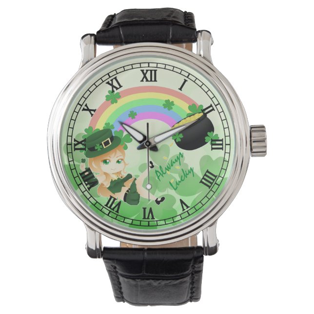 Cute Irish chibi leprechaun girl with pot of gold Watch (Front)