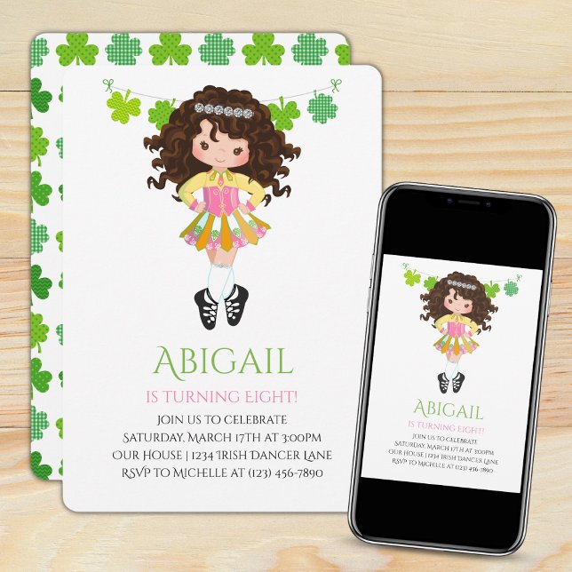 Cute Irish Dance Brunette Girl Shamrocks Birthday Invitation (Creator Uploaded)