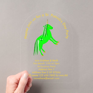 Cute Irish Green and Gold Unicorn Custom Acrylic Invitations