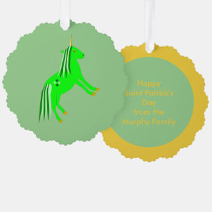 Cute Irish Green and Gold Unicorn Custom Tree Decoration Card
