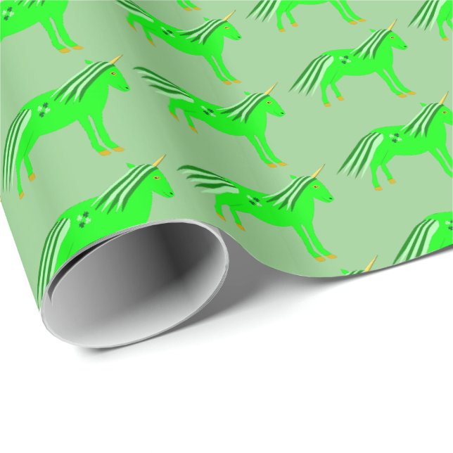Cute Irish Green and Gold Unicorn Patterned Wrapping Paper (Roll Corner)
