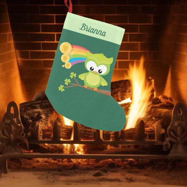 Cute Irish Owl Rainbow Monogram Green Girly Small Christmas Stocking (Creator Uploaded)