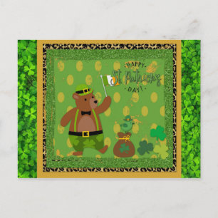 Cute Irish St Patrick's Day Bear Green Shamrock Postcard