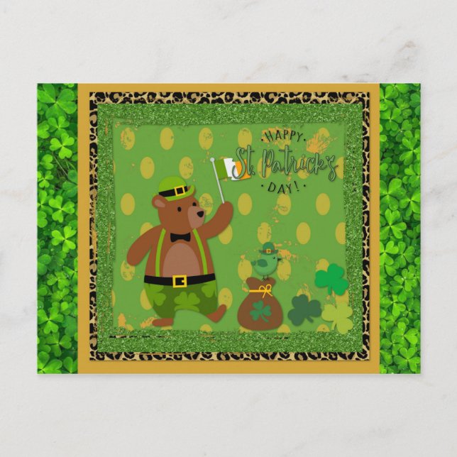 Cute Irish St Patrick's Day Bear Green Shamrock Postcard (Front)