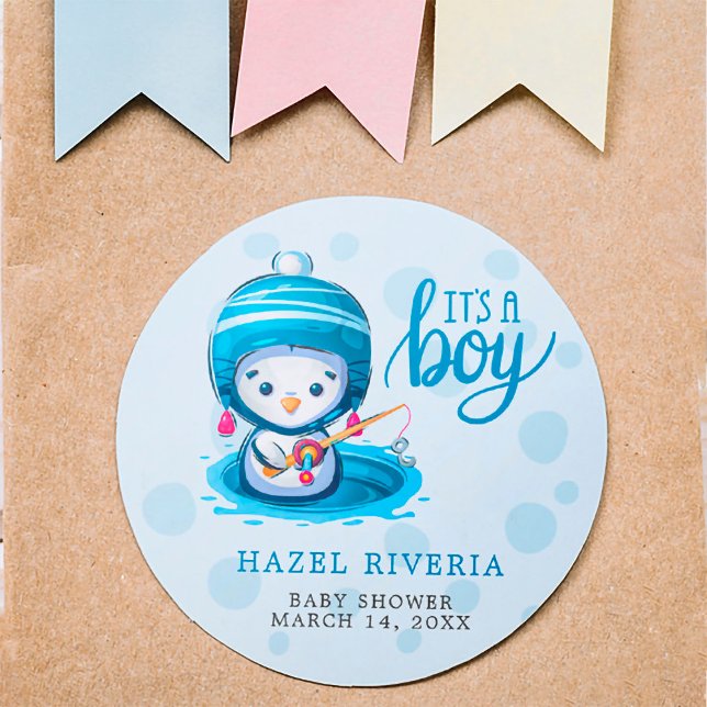 Cute It’s a Boy Blue Penguin Fishing  Classic Round Sticker (Creator Uploaded)