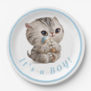 Cute It’s a Boy Kitten Hand Drawn Blue Typograph Paper Plate