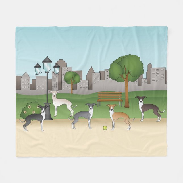 Cute Italian Greyhound Dogs In A Park Cartoon Art Fleece Blanket (Front (Horizontal))