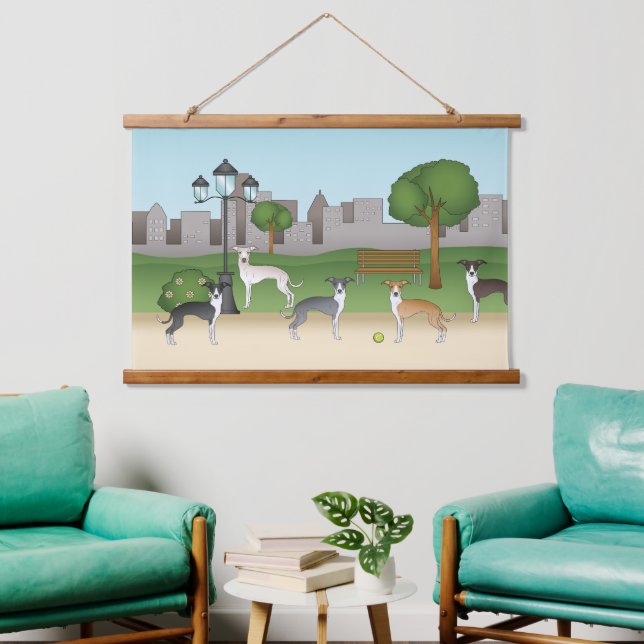 Cute Italian Greyhound Dogs In A Park Cartoon Art Hanging Tapestry (Living Room)