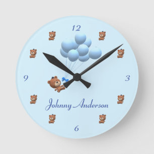 Cute It's a Boy Teddy Bear and Balloons Theme  Round Clock