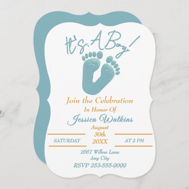 Cute It's A Boy Tiny Blue Feet Baby Shower Invitation (Front/Back)