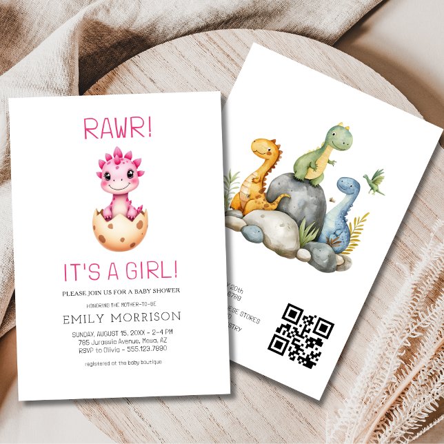 Cute It's a Girl Cute Dinosaur Baby Shower Invitation (Creator Uploaded)