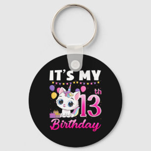 Cute It's My 13th Birthday Cat Unicorn 13 Years Ol Key Ring