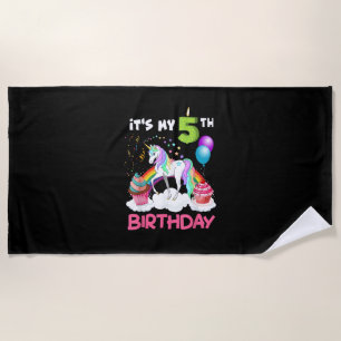 Cute It's My Fifth Birthday Unicorn Five Year Old  Beach Towel